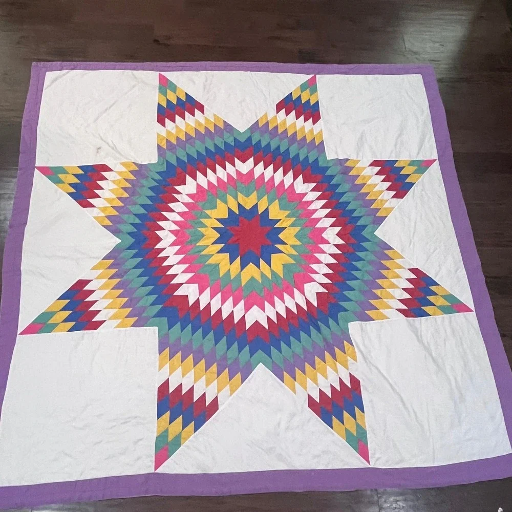Vtg Lone Star Quilt Hand Stitched Patchwork Multi Color White Purple 80x82